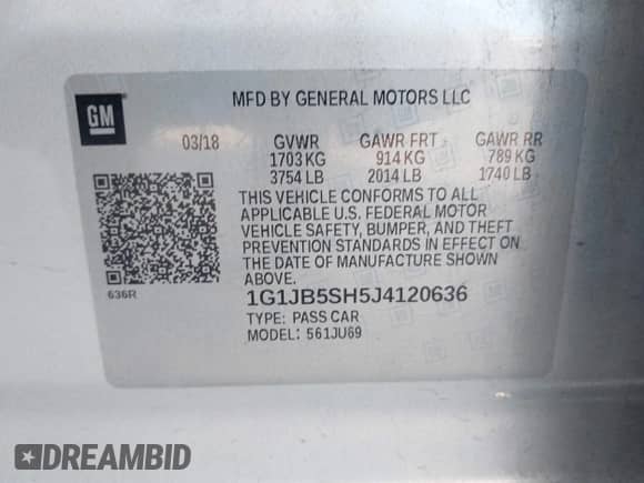 2018 Chevrolet Sonic LS с VIN 1G1JB5SH5J4120636, выставлен на аукционе IAAI как лот 43259523 с пробегом 87 807 миль миль и . История ставок и продаж доступна на DreamBid. Изображение 9.