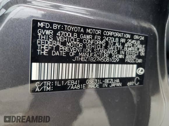 2024 Lexus IS 350 F Sport z VIN JTHBZ1B27R5081029, wystawiony jako Copart lot #81367065 z przebiegiem 3 173 mil mil oraz Szkoda całkowita • Salvage title. Historia ofert i sprzedaży dostępna na DreamBid. Obrazek 12.