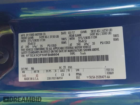 2017 Ford F-150 XL with VIN 1FTEX1CP1HFB48604, listed as a IAAI auction lot 43098804 with 125,526 mi miles and . Bid and sale history available at DreamBid. Image 9.