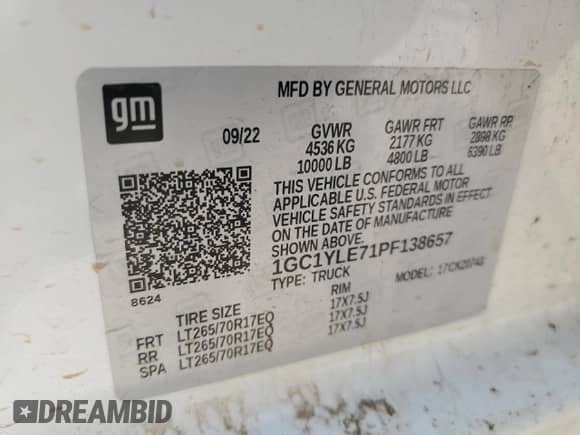 2023 Chevrolet Silverado 2500HD Work Truck with VIN 1GC1YLE71PF138657, listed as a Copart auction lot 68417804 with Not provided miles and Salvage title. Bid and sale history available at DreamBid. Image 12.