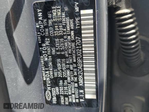 2023 Hyundai Kona SE с VIN KM8K2CAB9PU021707, выставлен на аукционе Copart как лот 65529335 с пробегом 8 679 миль миль и Списание • Salvage title. История ставок и продаж доступна на DreamBid. Изображение 12.