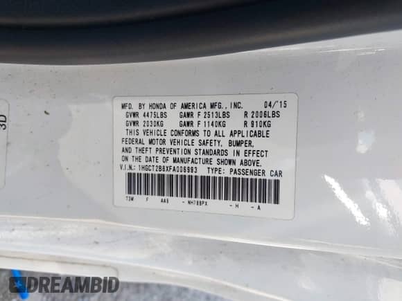 2015 Honda Accord EX-L z VIN 1HGCT2B8XFA006993, wystawiony jako IAAI lot #43245192 z przebiegiem 135 503 mil mil oraz . Historia ofert i sprzedaży dostępna na DreamBid. Obrazek 9.