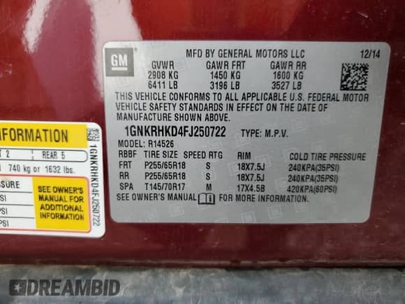 2015 Chevrolet Traverse LT с VIN 1GNKRHKD4FJ250722, выставлен на аукционе Copart как лот 65739955 с пробегом 159 915 миль миль и Списание • Salvage title. История ставок и продаж доступна на DreamBid. Изображение 13.