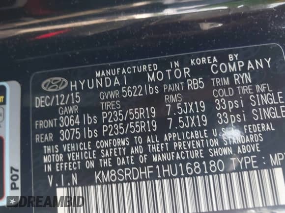 2017 Hyundai Santa Fe Limited Ultimate с VIN KM8SRDHF1HU168180, выставлен на аукционе IAAI как лот 42499331 с пробегом 118 020 миль миль и . История ставок и продаж доступна на DreamBid. Изображение 9.