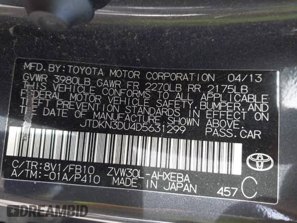 2013 Toyota Prius One with VIN JTDKN3DU4D5631299, listed as a IAAI auction lot 43110671 with 194,020 mi miles and . Bid and sale history available at DreamBid. Image 9.