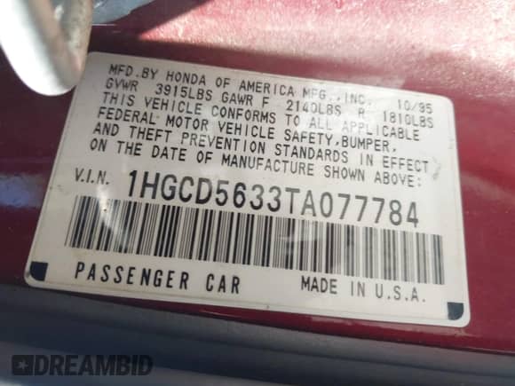 1996 Honda Accord LX z VIN 1HGCD5633TA077784, wystawiony jako IAAI lot #43302358 z przebiegiem 235 003 mil mil oraz . Historia ofert i sprzedaży dostępna na DreamBid. Obrazek 9.