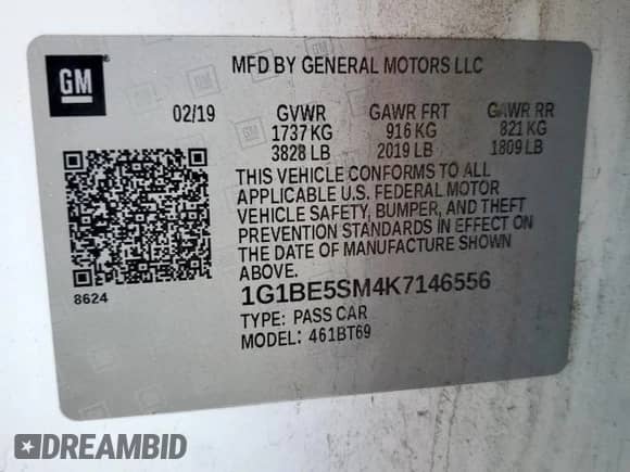 2019 Chevrolet Cruze LT с VIN 1G1BE5SM4K7146556, выставлен на аукционе Copart как лот 67545945 с пробегом 150 287 миль миль и Списание • Salvage title. История ставок и продаж доступна на DreamBid. Изображение 12.