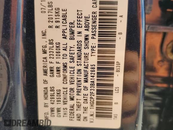 2011 Honda Accord LX с VIN 1HGCP2F33BA142685, выставлен на аукционе Copart как лот 86271885 с пробегом Не указан миль и На запчасти • Non repairable. История ставок и продаж доступна на DreamBid. Изображение 12.