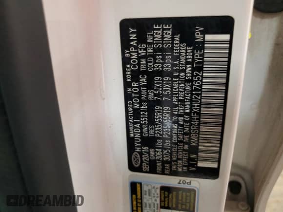 2017 Hyundai Santa Fe SE Ultimate с VIN KM8SR4HFXHU217652, выставлен на аукционе Copart как лот 69274595 с пробегом 111 109 миль миль и Списание • Salvage title. История ставок и продаж доступна на DreamBid. Изображение 14.