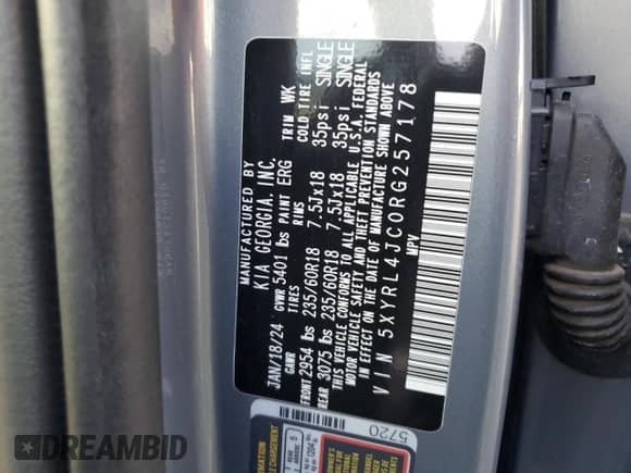 2024 Kia Sorento S with VIN 5XYRL4JC0RG257178, listed as a Copart auction lot 81713225 with 41,104 mi miles and Salvage title. Bid and sale history available at DreamBid. Image 13.