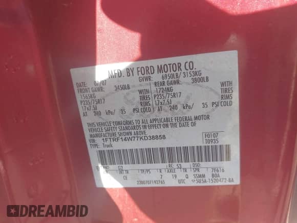 2007 Ford F-150 XL with VIN 1FTRF14W77KD38858, listed as a IAAI auction lot 43368684 with 214,345 mi miles and . Bid and sale history available at DreamBid. Image 9.