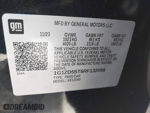 2024 Chevrolet Malibu LT с VIN 1G1ZD5ST6RF132098, выставлен на аукционе IAAI как лот 43119309 с пробегом 50 875 миль миль и . История ставок и продаж доступна на DreamBid. Изображение 9.