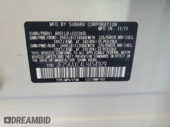2020 Subaru Forester Touring with VIN JF2SKAXC4LH454929, listed as a Copart auction lot 84698865 with 39,906 mi miles and Salvage title. Bid and sale history available at DreamBid. Image 13.
