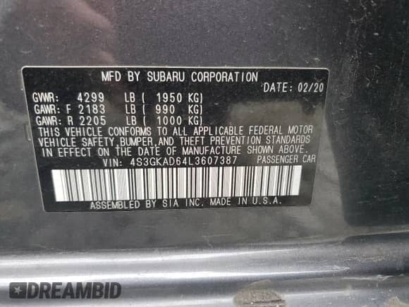 2020 Subaru Impreza Premium with VIN 4S3GKAD64L3607387, listed as a Copart auction lot 80888555 with 40,133 mi miles and Salvage title. Bid and sale history available at DreamBid. Image 12.
