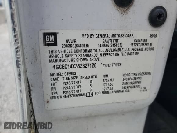 2005 Chevrolet Silverado 1500 с VIN 1GCEC14X35Z327120, выставлен на аукционе Copart как лот 82349105 с пробегом Не указан миль и Списание • Salvage title. История ставок и продаж доступна на DreamBid. Изображение 12.