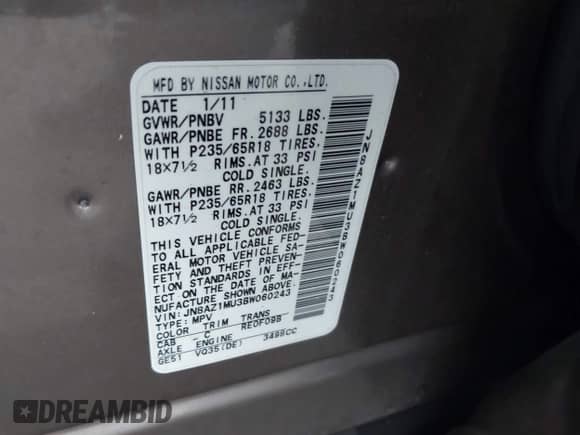 2011 Nissan Murano SL with VIN JN8AZ1MU3BW060243, listed as a IAAI auction lot 42409263 with 143,720 mi miles and . Bid and sale history available at DreamBid. Image 9.