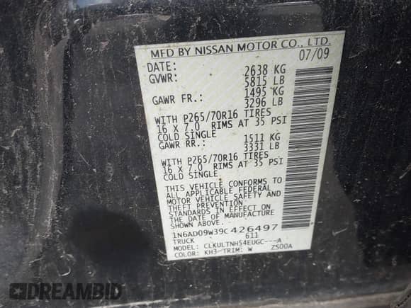 2009 Nissan Frontier SE with VIN 1N6AD09W39C426497, listed as a IAAI auction lot 42204837 with 79,049 mi miles and . Bid and sale history available at DreamBid. Image 9.