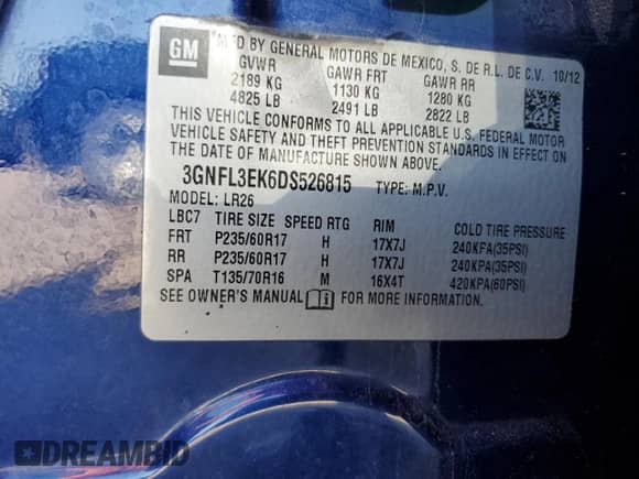 2013 Chevrolet Captiva Sport LT with VIN 3GNFL3EK6DS526815, listed as a Copart auction lot 61925715 with 91,330 mi miles and Salvage title. Bid and sale history available at DreamBid. Image 13.