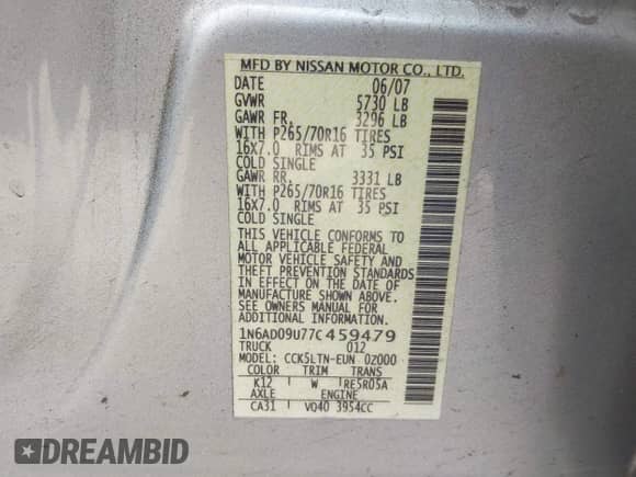2007 Nissan Frontier SE z VIN 1N6AD09U77C459479, wystawiony jako IAAI lot #42986438 z przebiegiem 87 658 mil mil oraz . Historia ofert i sprzedaży dostępna na DreamBid. Obrazek 9.