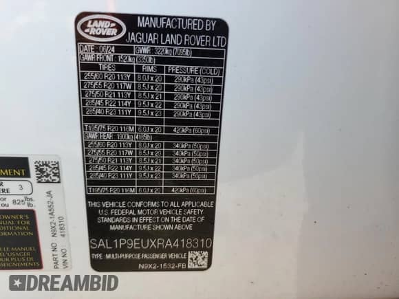 2024 Land Rover Range Rover Sport SE with VIN SAL1P9EUXRA418310, listed as a Copart auction lot 61818055 with 14,937 mi miles and Salvage title. Bid and sale history available at DreamBid. Image 13.