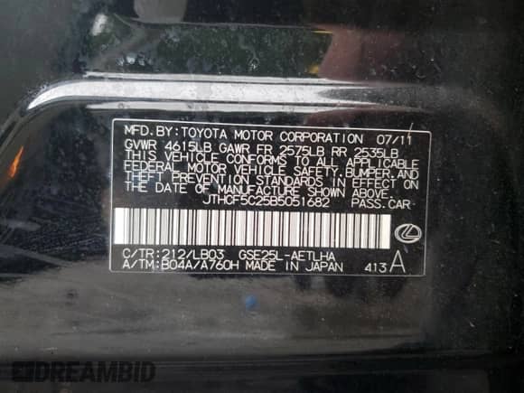 2011 Lexus IS 250 with VIN JTHCF5C25B5051682, listed as a Copart auction lot 69271035 with 229,934 mi miles and Salvage title. Bid and sale history available at DreamBid. Image 12.