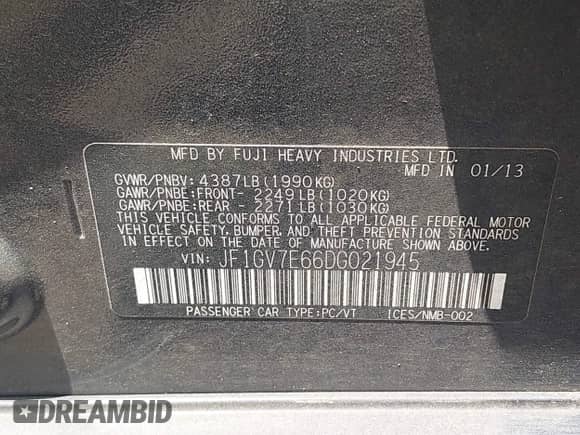 2013 Subaru WRX WRX with VIN JF1GV7E66DG021945, listed as a IAAI auction lot 42310280 with 226,980 mi miles and . Bid and sale history available at DreamBid. Image 9.