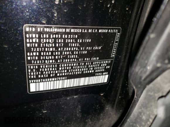 2022 Volkswagen Tiguan S с VIN 3VV0B7AX0NM075561, выставлен на аукционе Copart как лот 64615665 с пробегом 12 641 миль миль и Чистый • Clean title. История ставок и продаж доступна на DreamBid. Изображение 13.