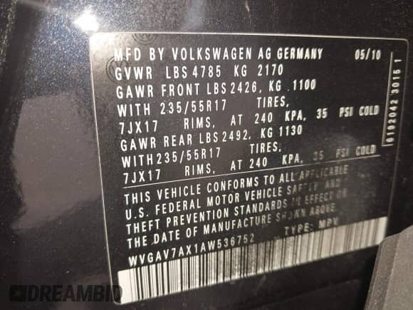 2010 Volkswagen Tiguan S с VIN WVGAV7AX1AW536752, выставлен на аукционе IAAI как лот 42669304 с пробегом 113 619 миль миль и . История ставок и продаж доступна на DreamBid. Изображение 9.