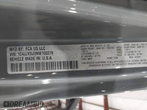 2022 Jeep Wrangler Unlimited Rubicon 392 с VIN 1C4JJXSJ0NW100278, выставлен на аукционе IAAI как лот 42634587 с пробегом Не указан миль и . История ставок и продаж доступна на DreamBid. Изображение 9.