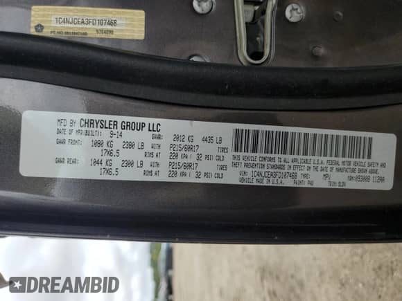 2015 Jeep Compass High Altitude с VIN 1C4NJCEA3FD107468, выставлен на аукционе Copart как лот 82125705 с пробегом 122 311 миль миль и Чистый • Clean title. История ставок и продаж доступна на DreamBid. Изображение 14.