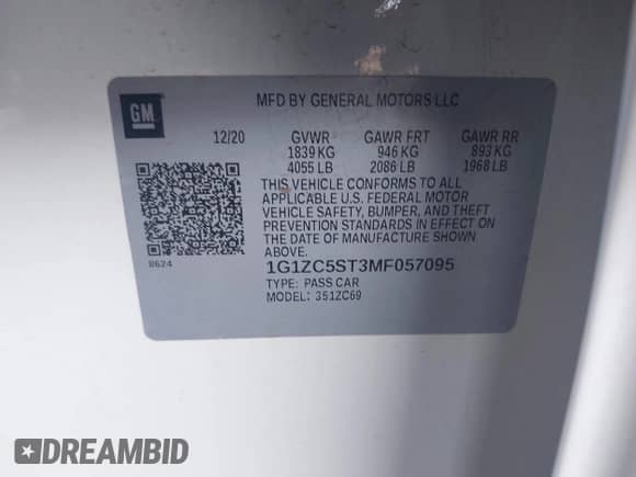 2021 Chevrolet Malibu LS z VIN 1G1ZC5ST3MF057095, wystawiony jako IAAI lot #43280656 z przebiegiem 173 021 mil mil oraz . Historia ofert i sprzedaży dostępna na DreamBid. Obrazek 9.