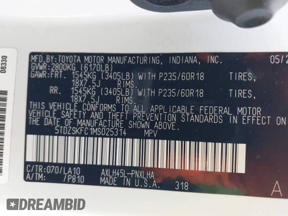 2021 Toyota Sienna Limited z VIN 5TDZSKFC1MS025314, wystawiony jako IAAI lot #42107397 z przebiegiem 108 514 mil mil oraz . Historia ofert i sprzedaży dostępna na DreamBid. Obrazek 9.