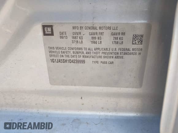 2013 Chevrolet Sonic LS с VIN 1G1JA5SH1D4239999, выставлен на аукционе IAAI как лот 43470887 с пробегом Не указан миль и . История ставок и продаж доступна на DreamBid. Изображение 9.