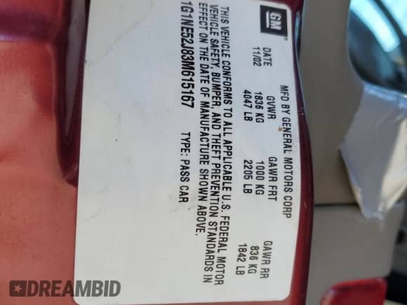 2003 Chevrolet Malibu LS z VIN 1G1NE52J83M615167, wystawiony jako Copart lot #77871764 z przebiegiem 281 295 mil mil oraz Nie do naprawy • Non repairable. Historia ofert i sprzedaży dostępna na DreamBid. Obrazek 13.