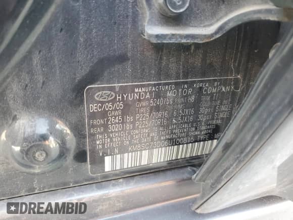 2006 Hyundai Santa Fe GLS with VIN KM8SC73D06U100815, listed as a Copart auction lot 68917975 with 151,624 mi miles and Clean title. Bid and sale history available at DreamBid. Image 13.