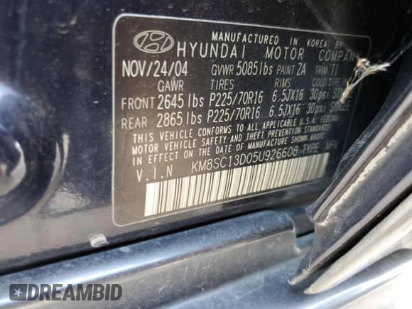 2005 Hyundai Santa Fe GLS с VIN KM8SC13D05U926608, выставлен на аукционе Copart как лот 69469634 с пробегом 180 851 миль миль и Списание • Salvage title. История ставок и продаж доступна на DreamBid. Изображение 10.