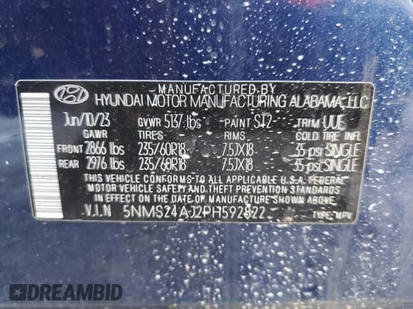 2023 Hyundai Santa Fe SEL с VIN 5NMS24AJ2PH592822, выставлен на аукционе Copart как лот 86071705 с пробегом 31 581 миль миль и На запчасти • Non repairable. История ставок и продаж доступна на DreamBid. Изображение 13.