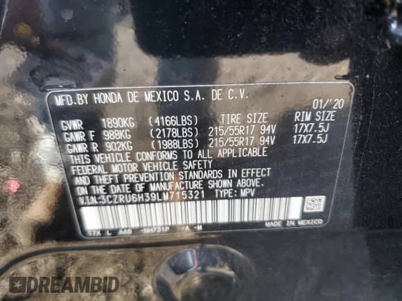 2020 Honda HR-V LX with VIN 3CZRU6H39LM715321, listed as a Copart auction lot 80695885 with 27,846 mi miles and Salvage title. Bid and sale history available at DreamBid. Image 14.