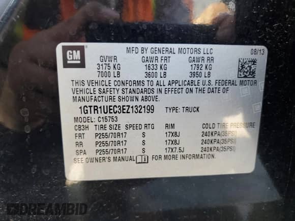 2014 GMC Sierra 1500 SLE with VIN 1GTR1UEC3EZ132199, listed as a Copart auction lot 71823135 with 217,972 mi miles and Salvage title. Bid and sale history available at DreamBid. Image 12.