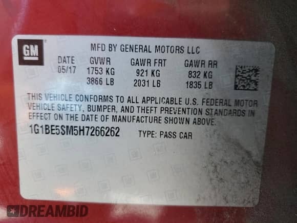 2017 Chevrolet Cruze LT with VIN 1G1BE5SM5H7266262, listed as a Copart auction lot 87181785 with 68,542 mi miles and Salvage title. Bid and sale history available at DreamBid. Image 12.