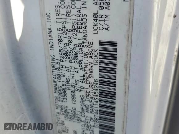 2004 Toyota Tundra SR5 z VIN 5TBBT44114S454246, wystawiony jako Copart lot #85520744 z przebiegiem 211 199 mil mil oraz Szkoda całkowita • Salvage title. Historia ofert i sprzedaży dostępna na DreamBid. Obrazek 12.