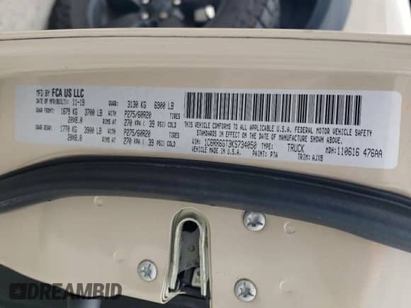 2019 Ram 1500 Big Horn z VIN 1C6RR6GT3KS734050, wystawiony jako Copart lot #67598285 z przebiegiem 108 882 mil mil oraz Szkoda całkowita • Salvage title. Historia ofert i sprzedaży dostępna na DreamBid. Obrazek 13.