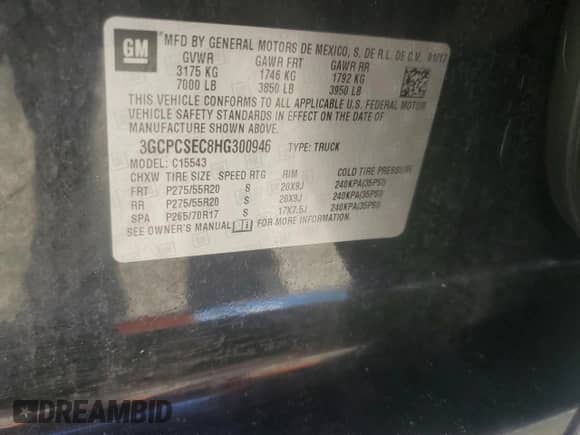 2017 Chevrolet Silverado 1500 LTZ with VIN 3GCPCSEC8HG300946, listed as a Copart auction lot 69234435 with 95,792 mi miles and Salvage title. Bid and sale history available at DreamBid. Image 12.