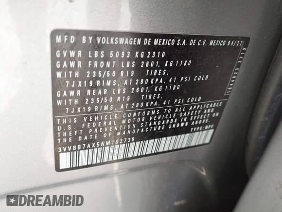 2022 Volkswagen Tiguan SE R-Line Black с VIN 3VV8B7AX5NM102739, выставлен на аукционе IAAI как лот 42941712 с пробегом 29 679 миль миль и . История ставок и продаж доступна на DreamBid. Изображение 9.