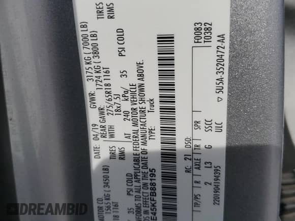 2019 Ford F-150 XL z VIN 1FTEW1E45KFB88195, wystawiony jako Copart lot #70554255 z przebiegiem Nie podano mil oraz Szkoda całkowita • Salvage title. Historia ofert i sprzedaży dostępna na DreamBid. Obrazek 12.