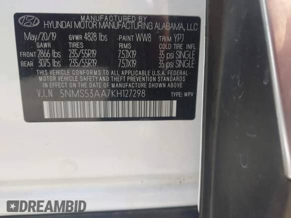2019 Hyundai Santa Fe Ultimate с VIN 5NMS53AA7KH127298, выставлен на аукционе IAAI как лот 42213835 с пробегом 102 806 миль миль и . История ставок и продаж доступна на DreamBid. Изображение 9.