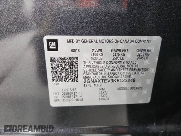 2019 Chevrolet Equinox LT z VIN 2GNAXTEV9K6133248, wystawiony jako Copart lot #81055835 z przebiegiem 105 291 mil mil oraz Szkoda całkowita • Salvage title. Historia ofert i sprzedaży dostępna na DreamBid. Obrazek 13.