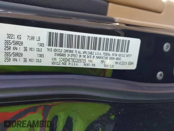 2012 Dodge Durango Citadel with VIN 1C4SDHET9CC229729, listed as a IAAI auction lot 41893819 with 167,519 mi miles and . Bid and sale history available at DreamBid. Image 9.