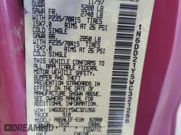 1998 Nissan Frontier z VIN 1N6DD21Y5WC321266, wystawiony jako Copart lot #54604825 z przebiegiem 225 689 mil mil oraz Czysty tytuł • Clean title. Historia ofert i sprzedaży dostępna na DreamBid. Obrazek 12.