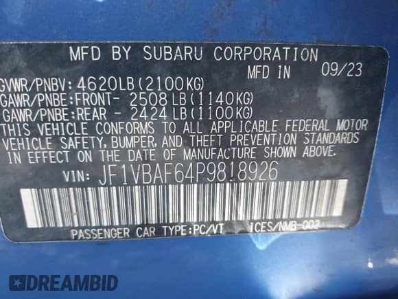 2023 Subaru WRX Premium with VIN JF1VBAF64P9818926, listed as a IAAI auction lot 41984668 with 26,452 mi miles and . Bid and sale history available at DreamBid. Image 9.